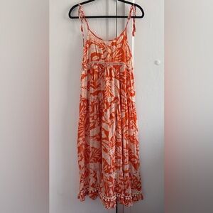 America & Beyond Tropical Orange Leaf Print Maxi Dress